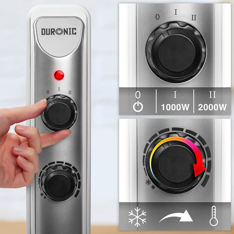 Duronic Electric Heater showing adjustable power settings and temperature thermostat dial.