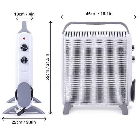 Duronic Electric Heater showing dimensions for easy storage.