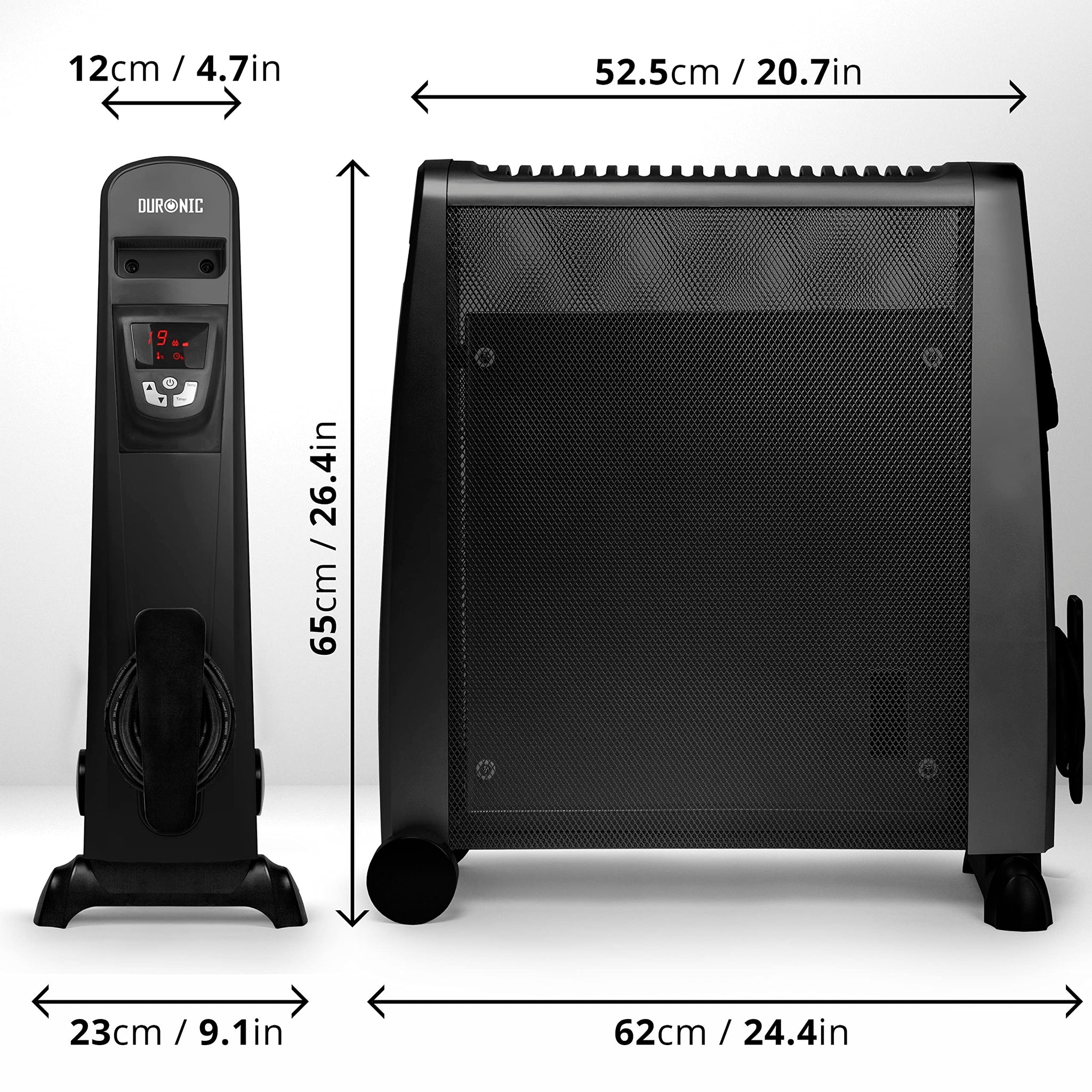 Duronic Electric Heater showing side and front view dimensions in centimeters and inches.