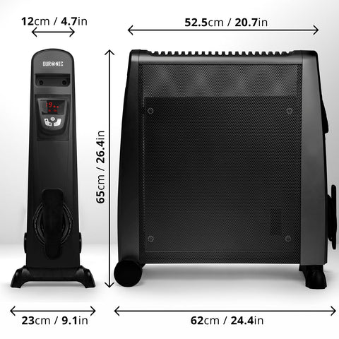 Duronic Electric Heater showing side and front view dimensions in centimeters and inches.