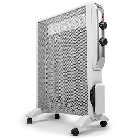 Duronic Electric Heater with adjustable dials, rolling wheels, and mesh safety grille.