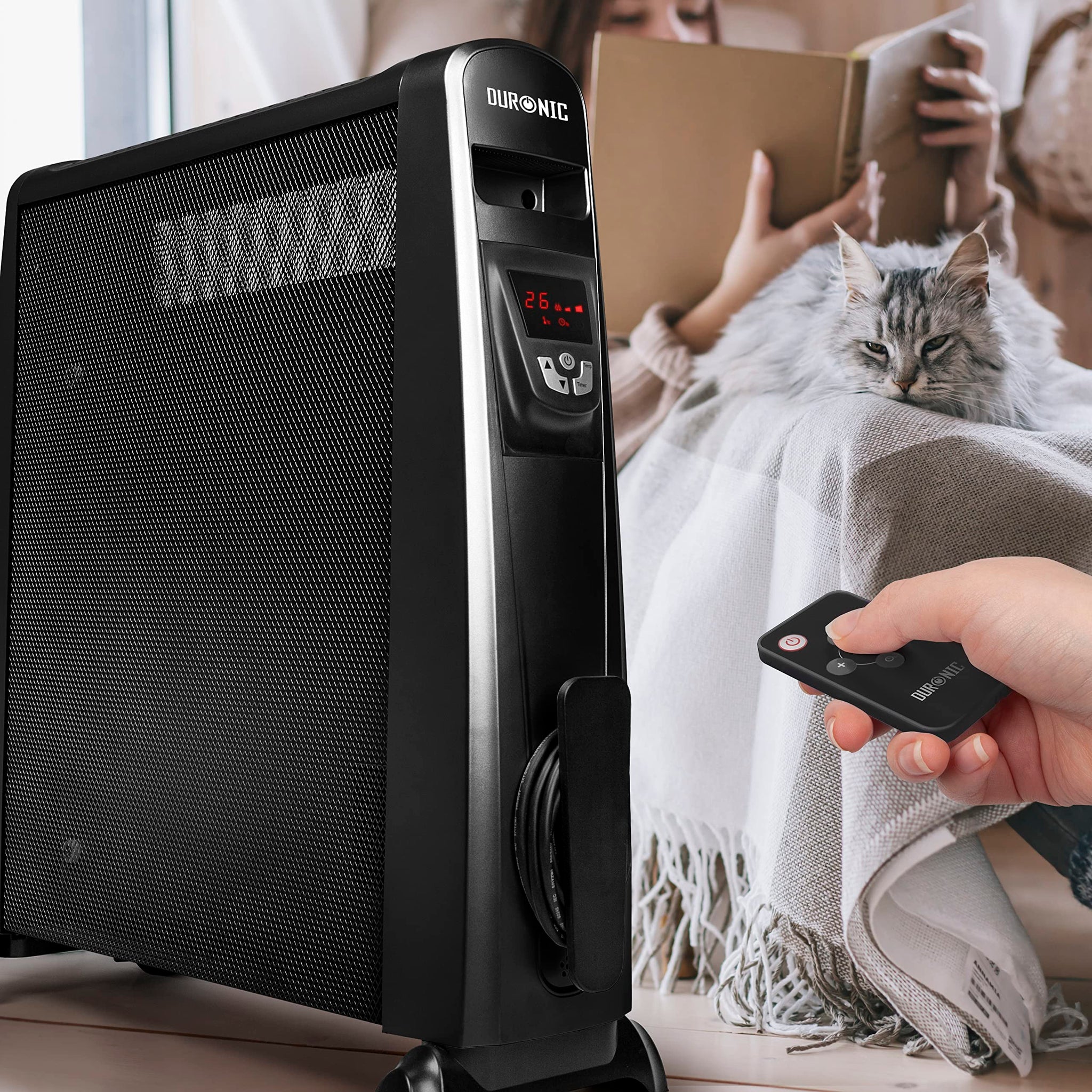 Duronic Electric Heater with digital display, remote control, and cable storage.