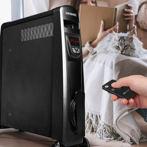Duronic Electric Heater with digital display, remote control, and cable storage.