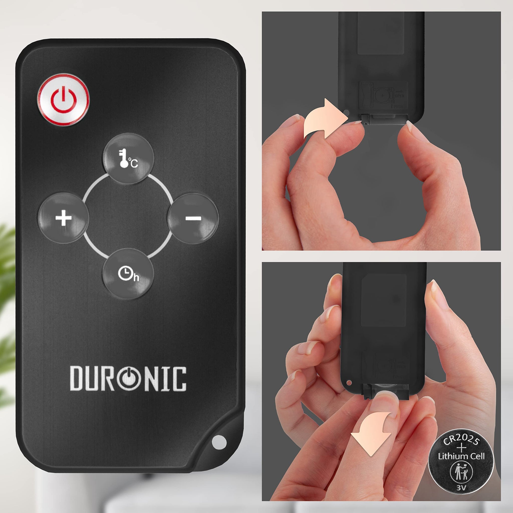Duronic Electric Heater with temperature, timer, plus, and minus buttons, showcasing CR2025 battery installation steps.