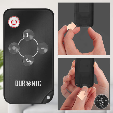 Duronic Electric Heater with temperature, timer, plus, and minus buttons, showcasing CR2025 battery installation steps.
