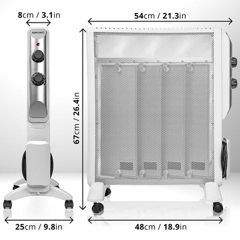 Duronic Electric Heater with wheels, displaying dimensions: 67cm height, 54cm width, 25cm depth.