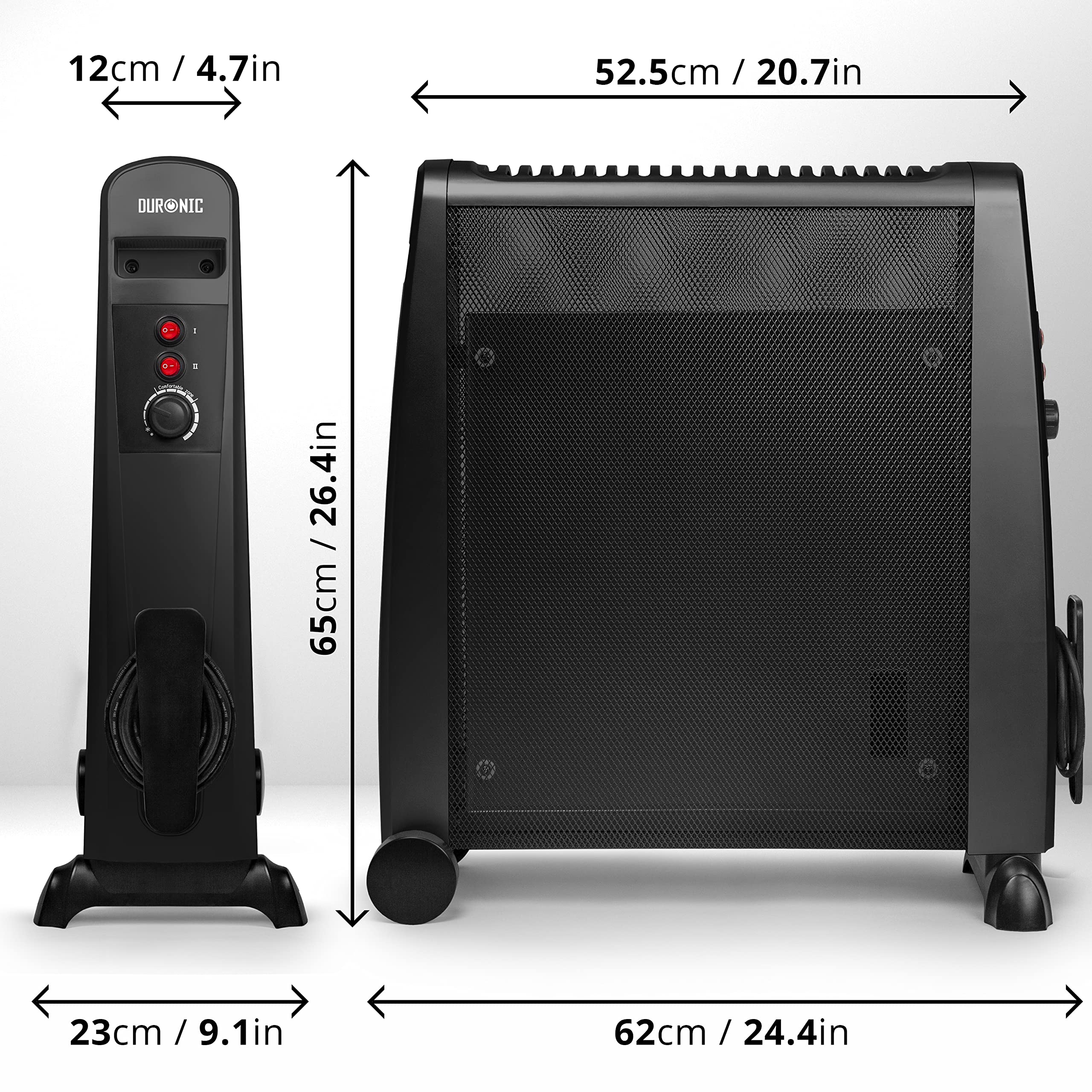 Duronic Electric Heaters displaying precise measurements in centimeters and inches for dimensions.
