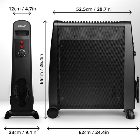 Duronic Electric Heaters displaying precise measurements in centimeters and inches for dimensions.