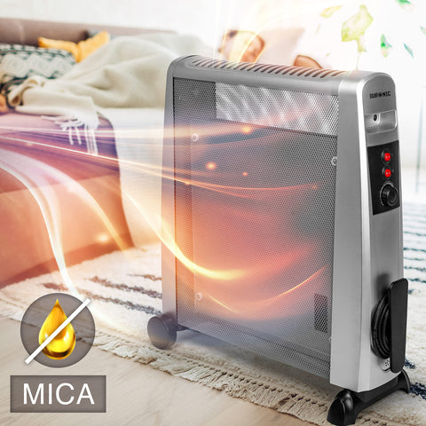 Duronic Electric Heaters emitting heat waves in a bedroom, featuring a no-oil mica icon.