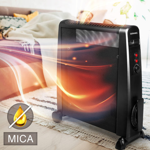 Duronic Electric Heaters radiating warmth in a cozy modern bedroom.