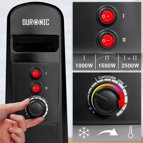 Duronic Electric Heaters showing power switches, wattage options, and adjustable thermostat dial settings.