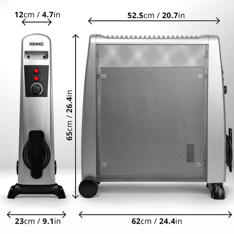 Duronic Electric Heaters with dimensions: 65cm height, 62cm wide base, and 12cm slim heating panel.