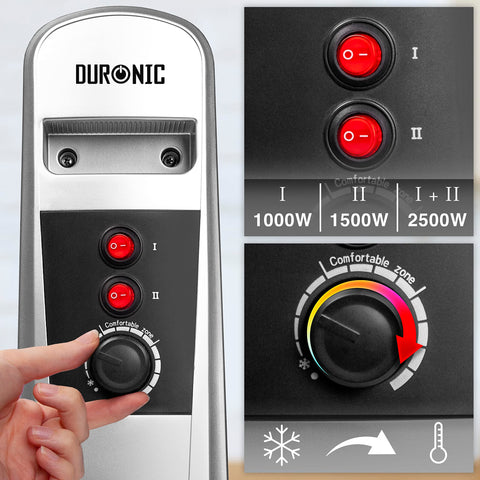Duronic Electric Heaters with dual red power switches and adjustable thermostat temperature dial.