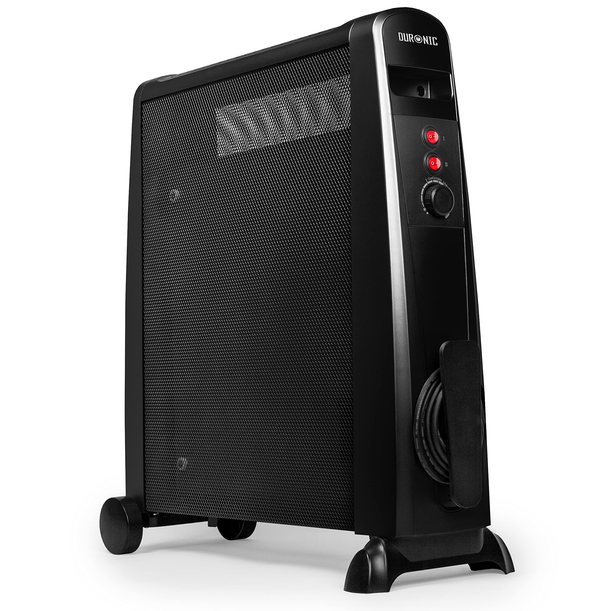 Duronic Electric Heaters with wheels, power switches, thermostat, and cord storage.