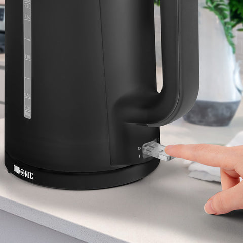 Duronic Electric Kettle featuring a clear power switch and transparent water level indicator window.