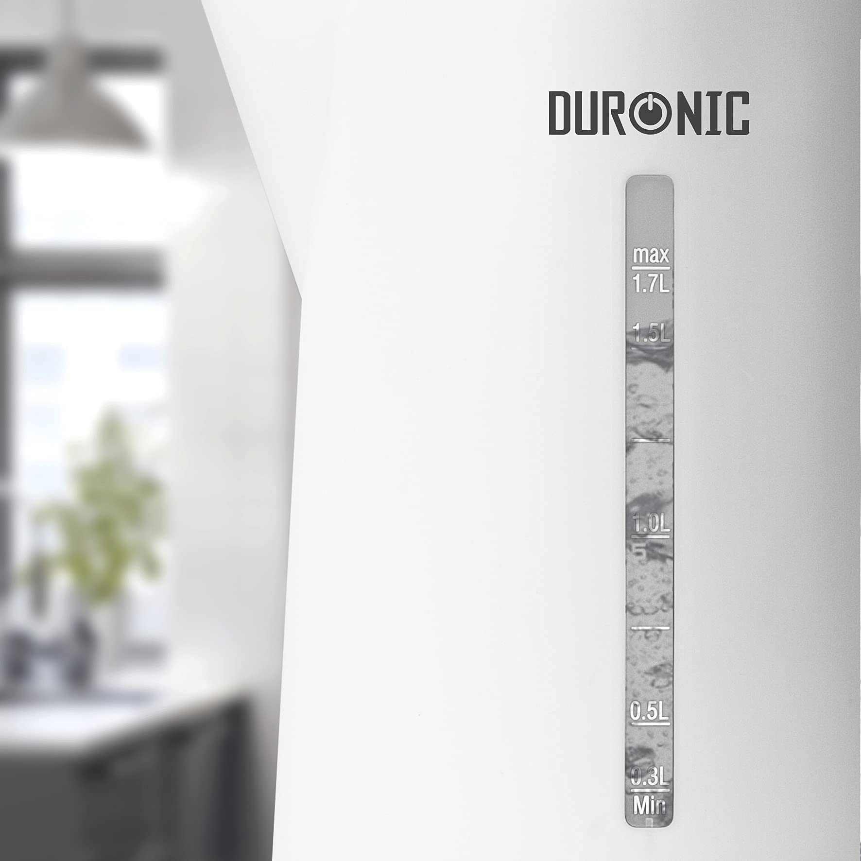 Duronic Electric Kettle featuring a clear water level window and measurements.