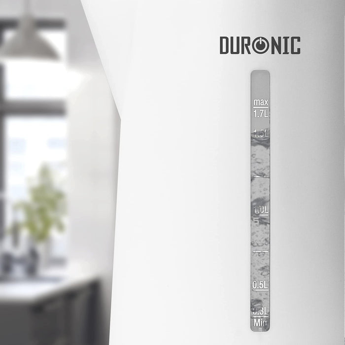 Duronic Electric Kettle featuring a clear water level window and measurements.