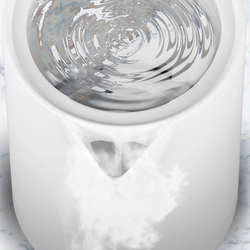 Duronic Electric Kettle with boiling water ripples and steam escaping the spout.