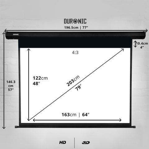 Duronic Electric Projector Screen showing full product dimensions and aspect ratio for online store listings.