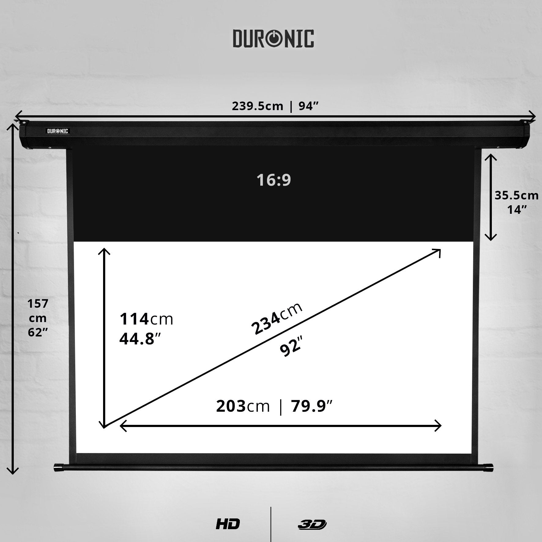 Duronic Electric Projector Screen showing precise dimensions for a 92 inch 16:9 aspect ratio display.
