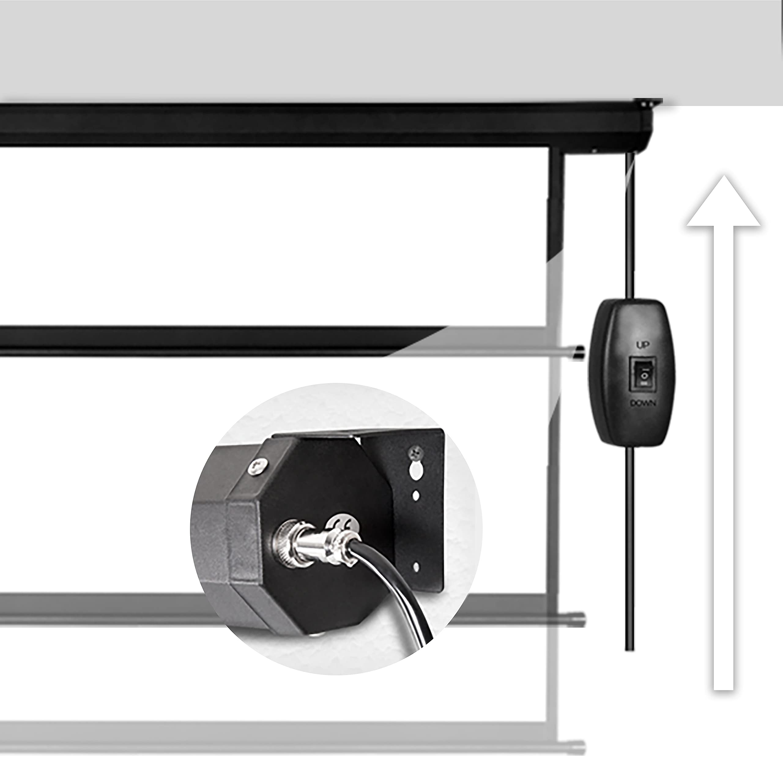 Duronic Electric Projector Screen with wired up down remote control switch and bracket detail.