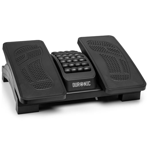Duronic Ergonomic Footrest featuring two textured tilting foot platforms and a central massage roller for improved comfort and circulation.
