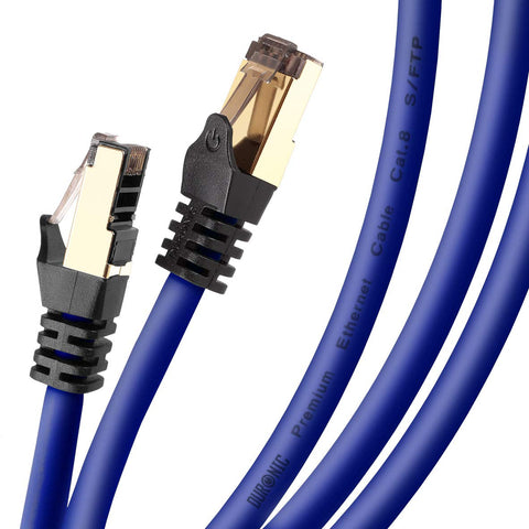 Duronic Ethernet  Blue Cable 10M featuring gold-plated RJ45 connectors and a durable snagless design for high-speed networking.