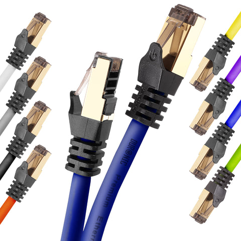 Duronic Ethernet  Blue Cable 10M featuring gold-plated RJ45 connectors and snagless boots, displayed against a white background.