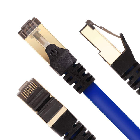 Duronic Ethernet  Blue Cable 10M with black snagless boots and a flat cable design, shown from three different angles.