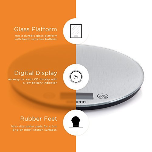 Duronic Ethernet Cable featuring a durable glass platform with touch-sensitive buttons, an easy-to-read LCD display, and non-slip rubber feet for stability.