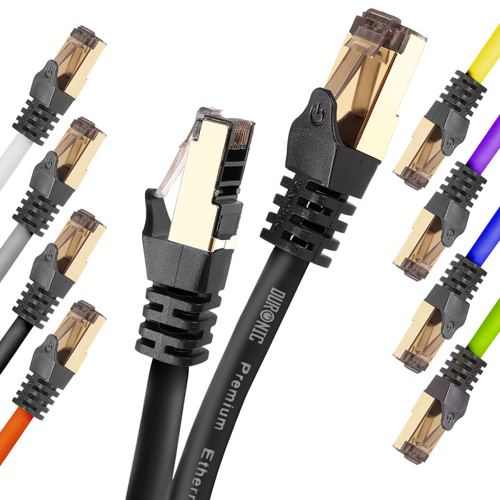 Duronic Ethernet Cable featuring gold-plated RJ45 connectors and snagless boots, displayed against a white background.