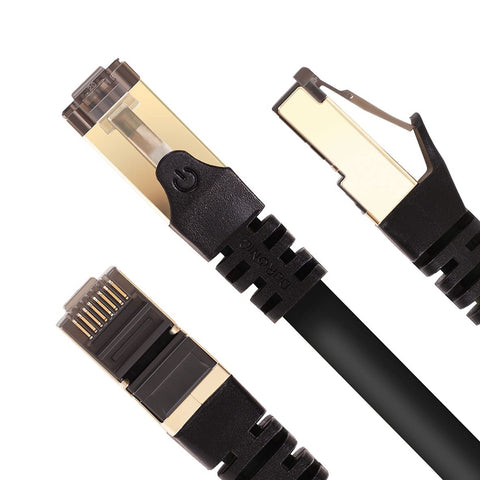 Duronic Ethernet Cable with set of durable, gold-plated RJ45 Ethernet connectors with black snagless boots and a flat cable design, shown from three different angles.