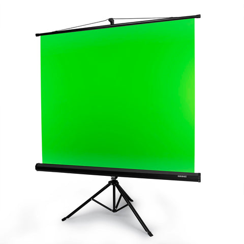 Duronic Floor Green Screen Backdrop with a retractable black casing, ideal for professional video production and chroma keying.