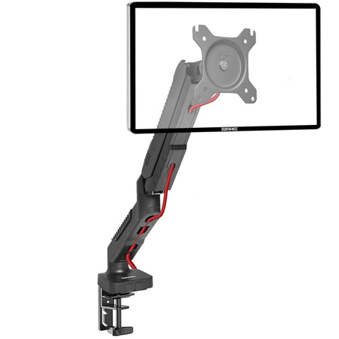 Duronic Gas Desk Mount Arm Monitor holding a transparent screen with neat red cable management.