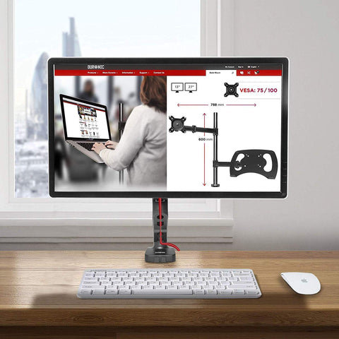 Duronic Gas Desk Mount Arm showcasing a Duronic dual desk mount product page on a wooden desk.