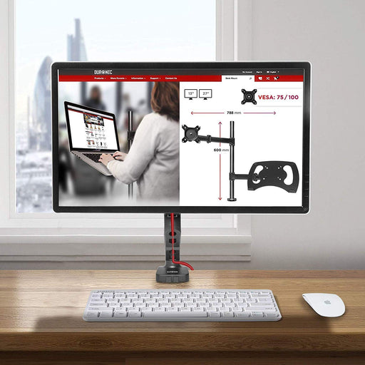 Duronic Gas Desk Mount Arm showcasing a Duronic dual desk mount product page on a wooden desk.