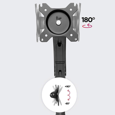 Duronic Gas Desk Mount Arm showing 180° rotation and +90° to -85° tilt capability.