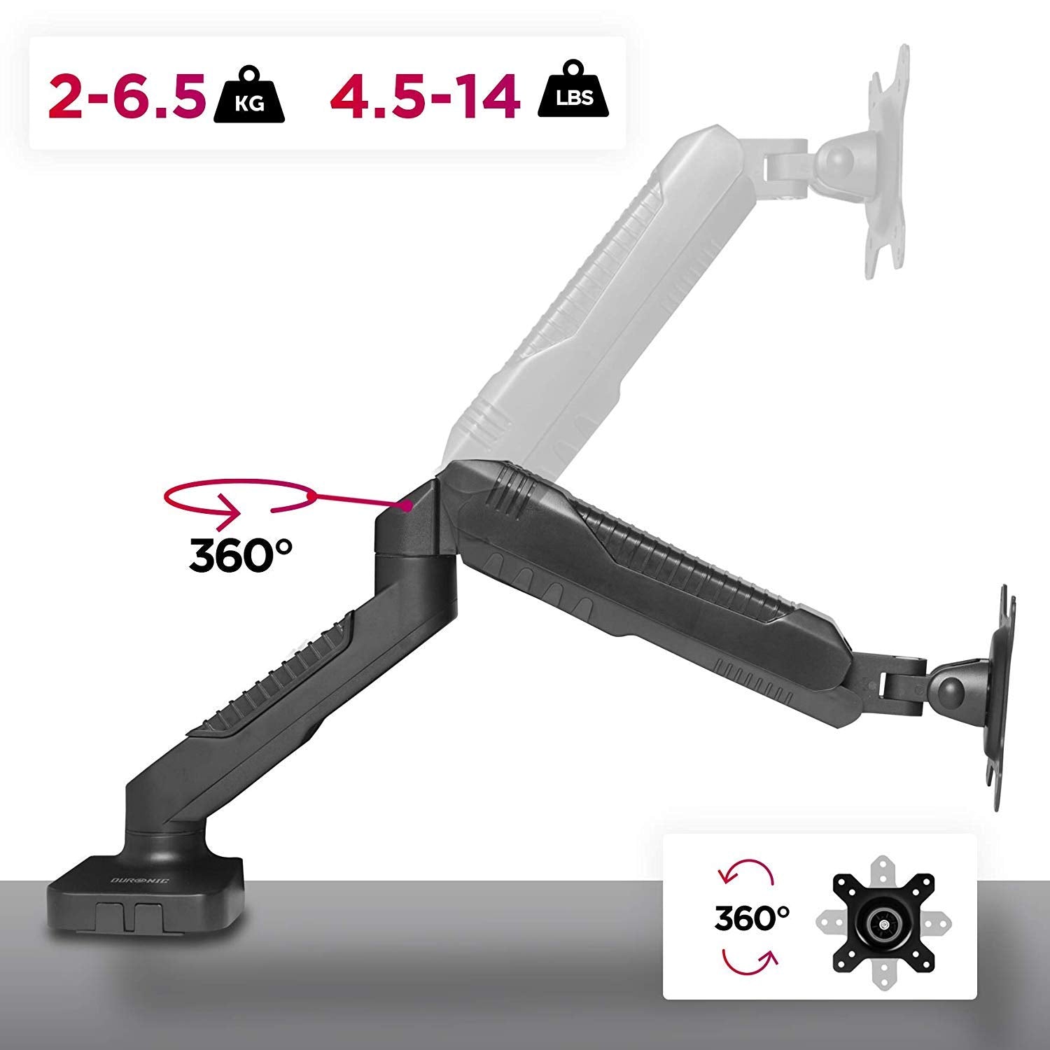 Duronic Gas Desk Mount Arm showing 360-degree rotation and weight capacity specifications.