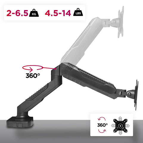 Duronic Gas Desk Mount Arm showing 360-degree rotation and weight capacity specifications.