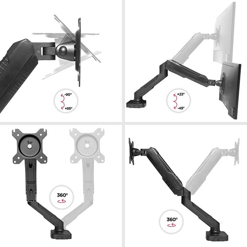 Duronic Gas Desk Mount Arm showing a black articulating monitor mount's tilt, height, and 360-degree rotation capabilities.