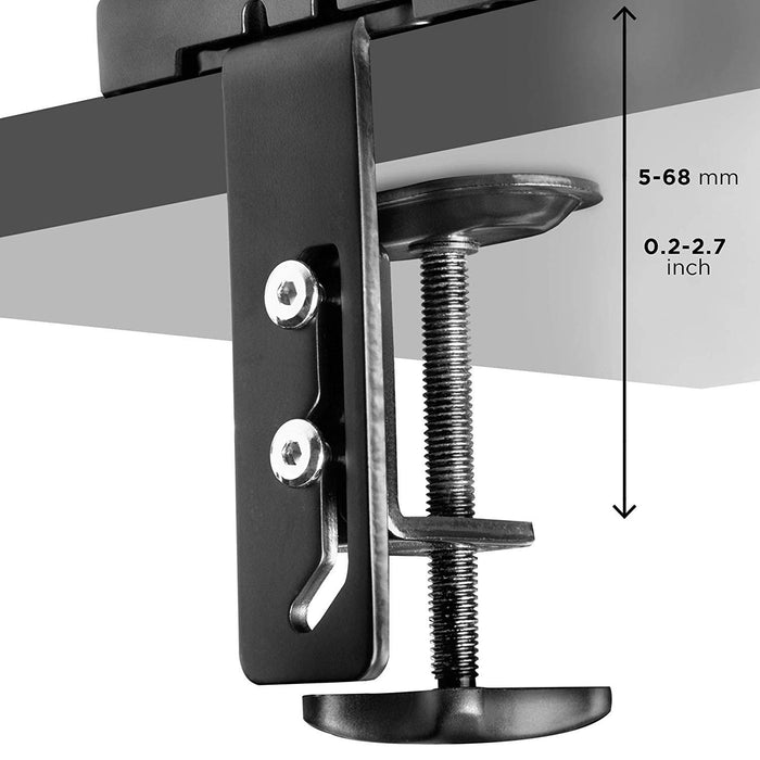 Duronic Gas Desk Mount Arm showing adjustable thickness range from 5 to 68 millimeters or 0.2 to 2.7 inches.