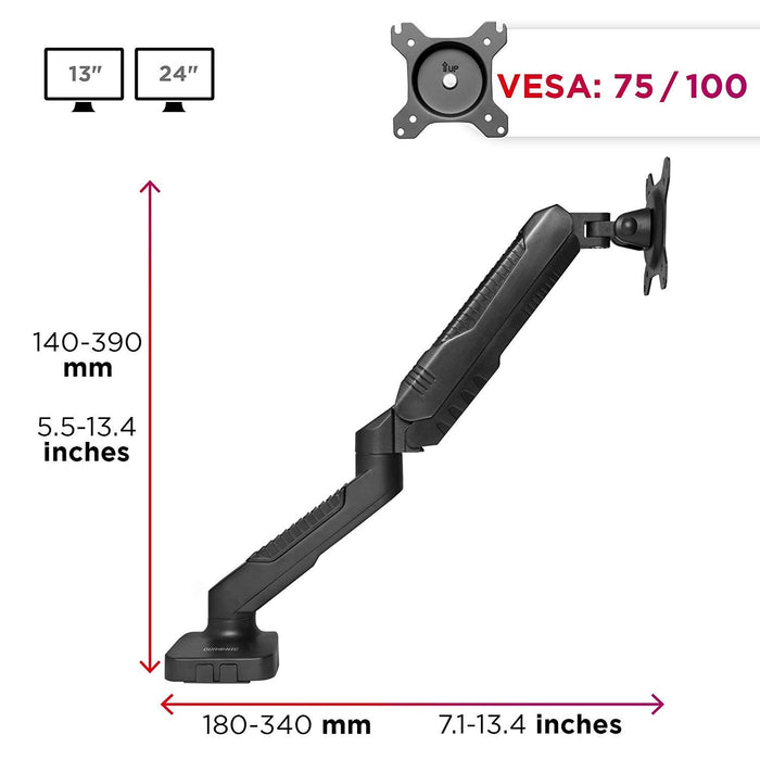 Duronic Gas Desk Mount Arm with dimensions, VESA plate, and screen size compatibility icons.