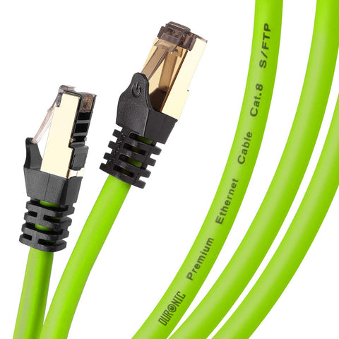 Duronic Green Ethernet Cable featuring gold-plated RJ45 connectors and a durable snagless design for high-speed networking.