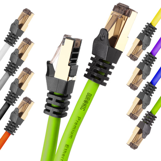 Duronic Green Ethernet Cable featuring gold-plated RJ45 connectors and snagless boots, displayed against a white background.