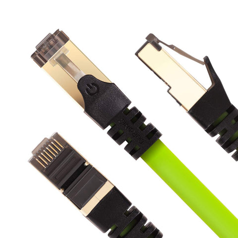Duronic Green Ethernet Cable with black snagless boots and a flat cable design, shown from three different angles.