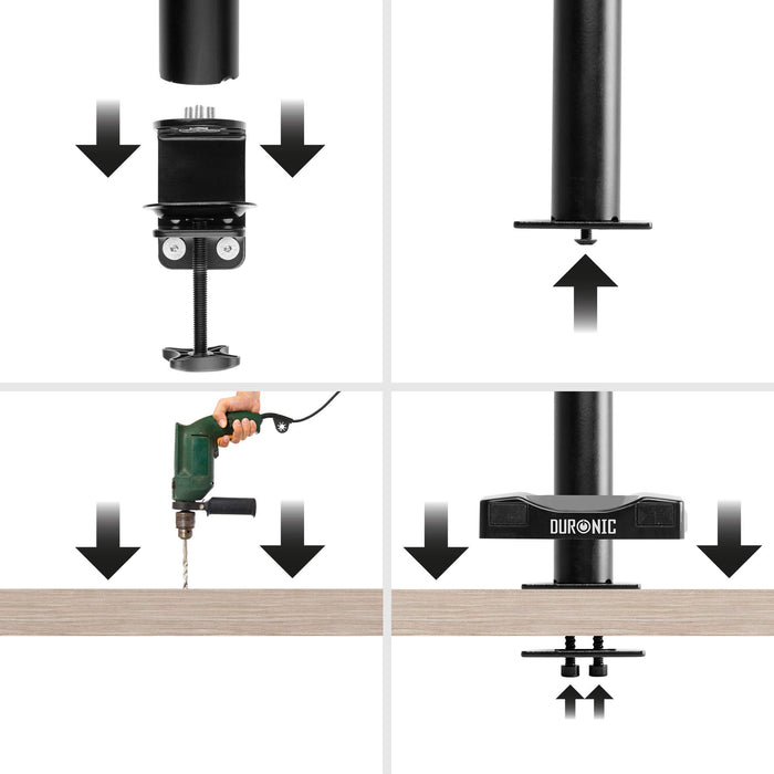 Duronic Grommet 3 showing how to attach a Duronic desk mount using a clamp or grommet.