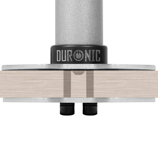 Duronic Grommet mount monitor arm base securely attached through a wooden desk with dual bolts.