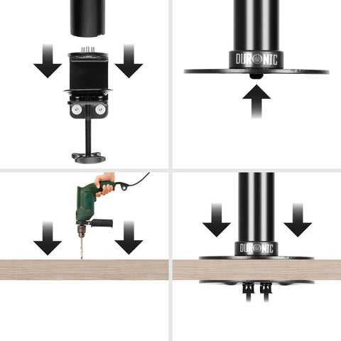 Duronic Grommet showing desk clamp assembly and grommet hole drilling setup options.