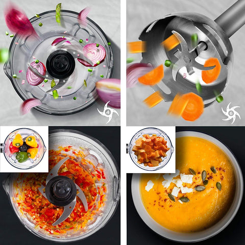 Duronic HB8010 hand stick blender blending onions, carrots, peppers, pumpkins into soup