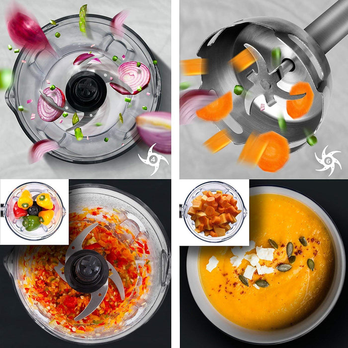 Duronic HB8010 hand stick blender blending onions, carrots, peppers, pumpkins into soup